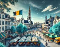 DALL·E 2025-02-17 10.55.34 - A realistic wide-angle photograph representing Belgium with enhanced blue and green tones. The image captures a scenic cityscape of Brussels, featurin.webp