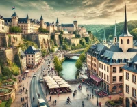 DALL·E 2025-02-17 10.59.33 - A realistic wide-angle photograph representing Luxembourg. The image captures a scenic cityscape of Luxembourg City, showcasing the historic Old Quart.webp