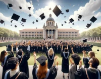 DALL·E 2025-02-17 10.42.23 - A realistic wide-angle photograph of a graduation ceremony taking place in an outdoor courtyard. University graduates in traditional black caps and go.webp
