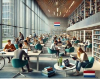 DALL·E 2025-02-17 11.02.29 - A realistic wide-angle photograph representing 'Study in Netherlands.' The image captures a diverse group of international students studying together .webp