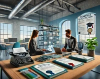 DALL·E 2025-02-17 10.50.36 - A realistic wide-angle photograph representing 'Compare Qualification.' The image features two professionals sitting at a modern office desk, analyzin.webp