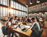 DALL·E 2025-02-17 10.40.27 - A realistic wide-angle photograph of a group of university students studying together in a modern library. They are sitting at a large wooden table, u.webp