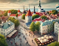 DALL·E 2025-02-17 10.58.28 - A realistic wide-angle photograph representing Estonia. The image captures a scenic view of Tallinn’s historic Old Town, showcasing medieval architect.webp