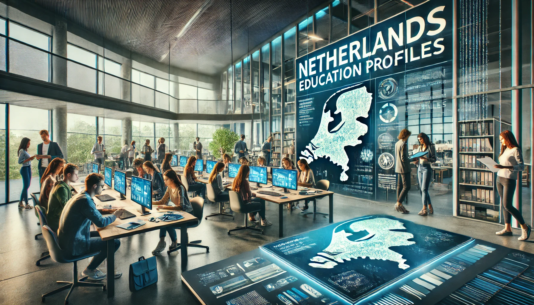 DALL·E 2025-02-17 10.54.02 - A realistic wide-angle photograph representing 'Netherlands Education Profiles.' The image features a group of students and professionals in a modern .webp