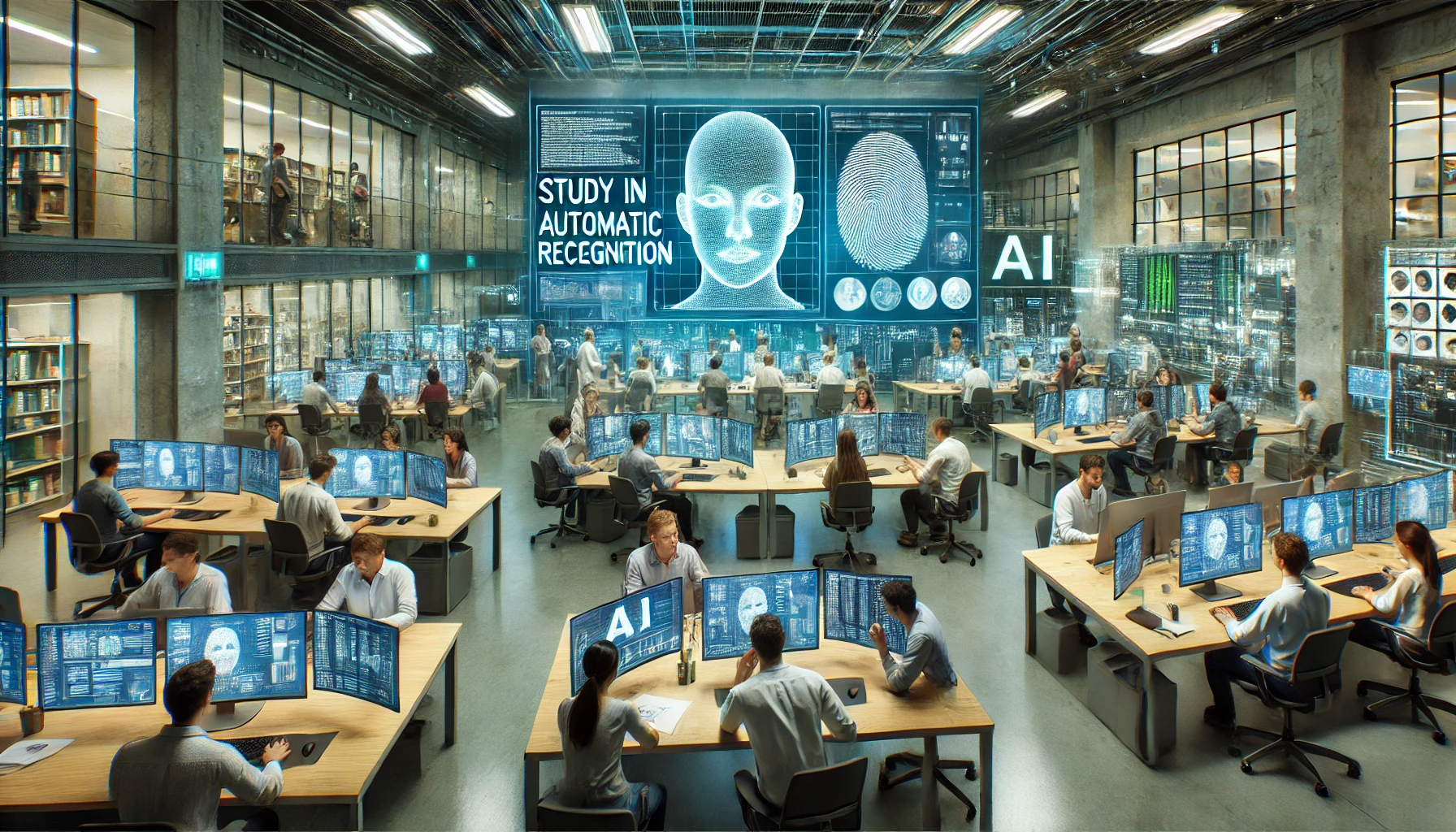 DALL·E 2025-02-17 11.03.48 - A realistic wide-angle photograph representing 'Study in Automatic Recognition.' The image features students and researchers in a modern laboratory or.webp