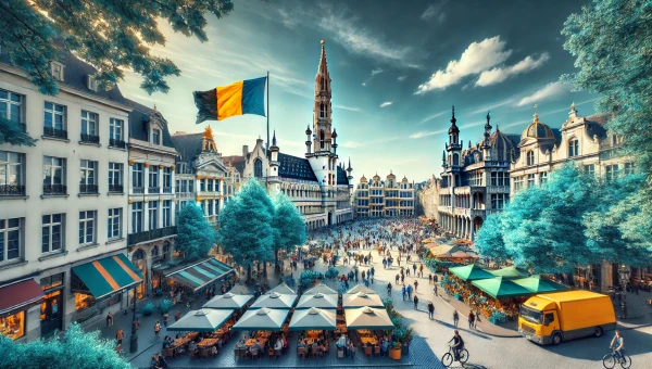 DALL·E 2025-02-17 10.55.34 - A realistic wide-angle photograph representing Belgium with enhanced blue and green tones. The image captures a scenic cityscape of Brussels, featurin.webp