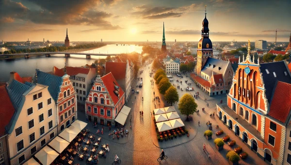 DALL·E 2025-02-17 10.56.48 - A realistic wide-angle photograph representing Latvia. The image captures a scenic cityscape of Riga, featuring the historic Old Town with its medieva.webp