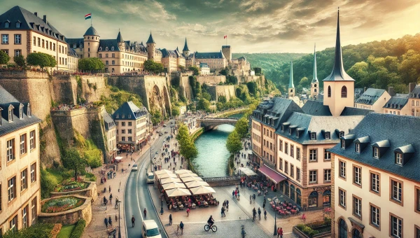 DALL·E 2025-02-17 10.59.33 - A realistic wide-angle photograph representing Luxembourg. The image captures a scenic cityscape of Luxembourg City, showcasing the historic Old Quart.webp