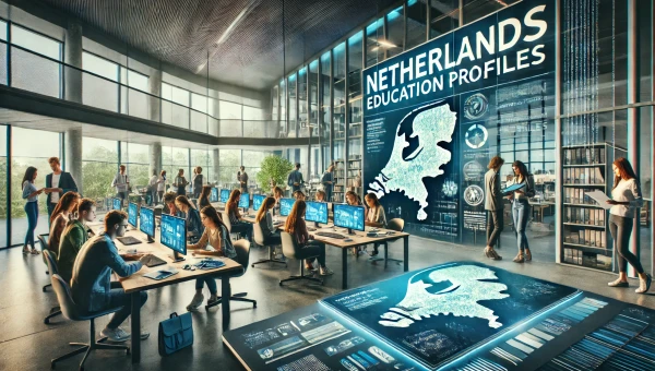 DALL·E 2025-02-17 10.54.02 - A realistic wide-angle photograph representing 'Netherlands Education Profiles.' The image features a group of students and professionals in a modern .webp