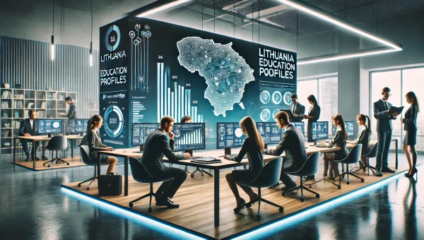 DALL·E 2025-02-17 10.53.14 - A realistic wide-angle photograph representing 'Lithuania Education Profiles.' The image features a group of students and professionals in a modern of.webp