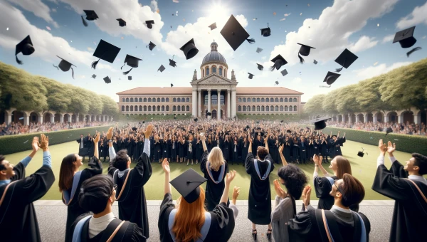 DALL·E 2025-02-17 10.42.23 - A realistic wide-angle photograph of a graduation ceremony taking place in an outdoor courtyard. University graduates in traditional black caps and go.webp