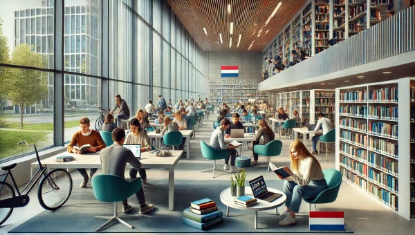 DALL·E 2025-02-17 11.02.29 - A realistic wide-angle photograph representing 'Study in Netherlands.' The image captures a diverse group of international students studying together .webp