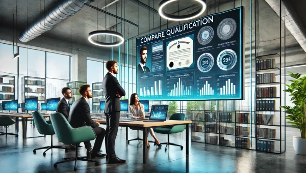 DALL·E 2025-02-17 10.51.12 - A realistic wide-angle photograph representing 'Compare Qualification.' The image features three professionals in a modern office discussing and compa.webp