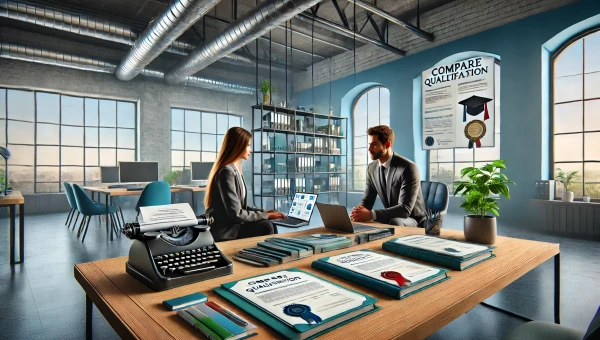 DALL·E 2025-02-17 10.50.36 - A realistic wide-angle photograph representing 'Compare Qualification.' The image features two professionals sitting at a modern office desk, analyzin.webp