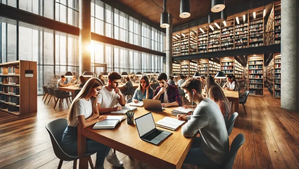 DALL·E 2025-02-17 10.40.27 - A realistic wide-angle photograph of a group of university students studying together in a modern library. They are sitting at a large wooden table, u.webp