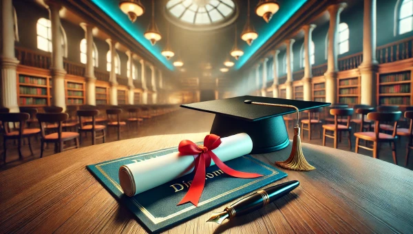 DALL·E 2025-02-17 10.47.34 - A realistic wide-angle photograph of a diploma placed on a wooden table, with enhanced blue and green tones. The diploma is elegantly rolled and tied .webp