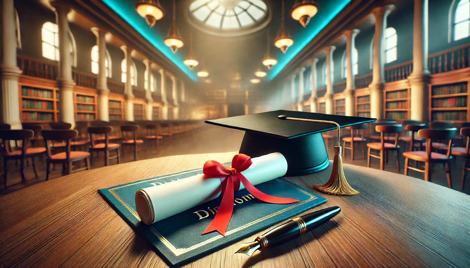 DALL·E 2025-02-17 10.47.34 - A realistic wide-angle photograph of a diploma placed on a wooden table, with enhanced blue and green tones. The diploma is elegantly rolled and tied .webp